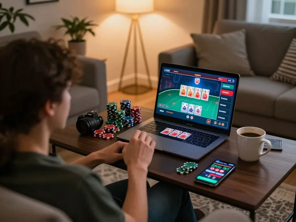 Engaged player enjoying online poker at home with 78wind gaming strategies, surrounded by chips and drinks.