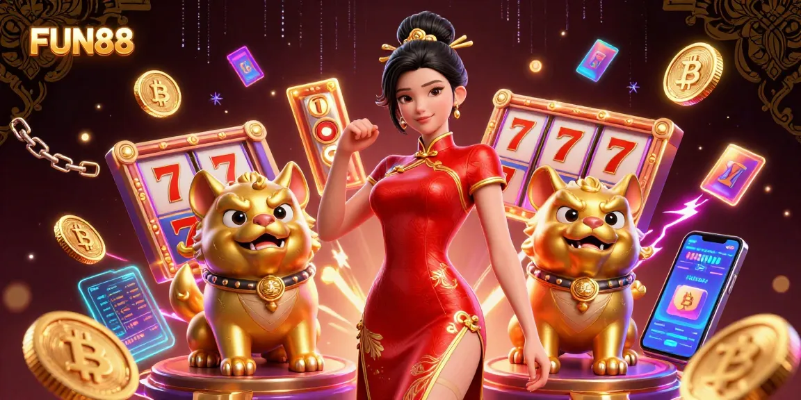 Play thrilling slot games with FUN88, showcasing a glamorous Asian woman and golden foo dog guardians.