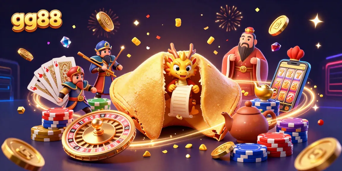 Experience the excitement of gg88 with a dynamic scene featuring a golden fortune cookie and vibrant casino elements.