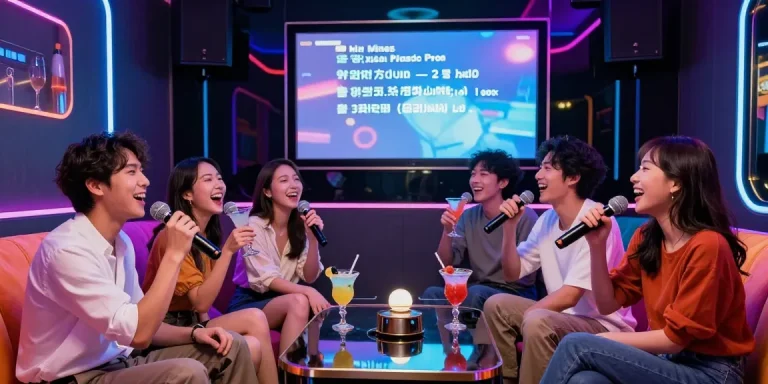 강남가라오케에서 친구들과 함께 노래를 부르는 즐거운 모습과 화려한 인테리어