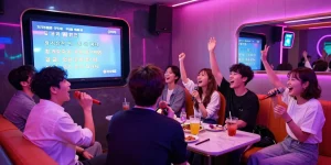 제주유흥을 즐기는 친구들과 함께하는 가라오케의 활기찬 밤 풍경