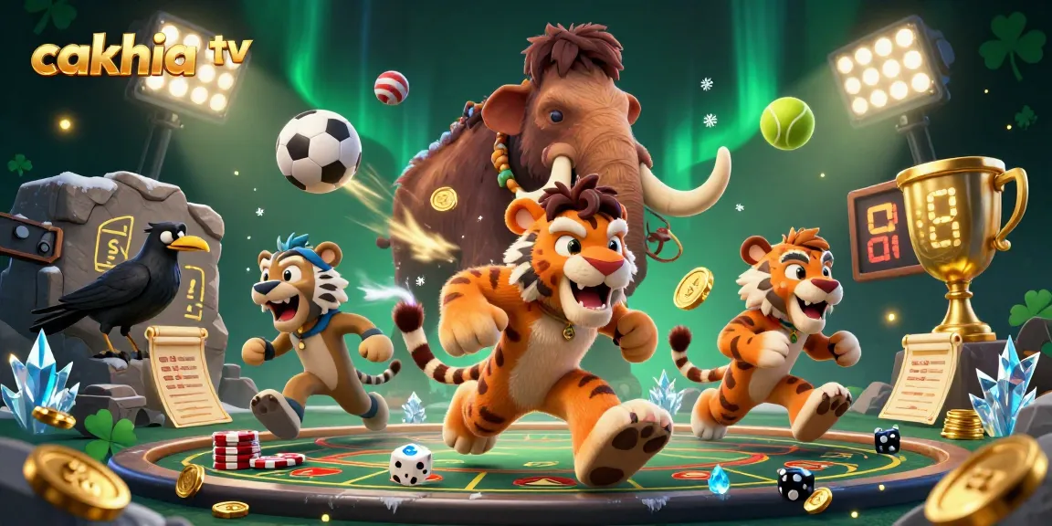 Cakhia TV showcases a vibrant prehistoric casino scene with unique characters and dynamic sports elements.