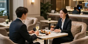 강남블랜딩 고급 라운지에서 매니저와 소통하는 모습, 우아한 분위기가 돋보입니다.