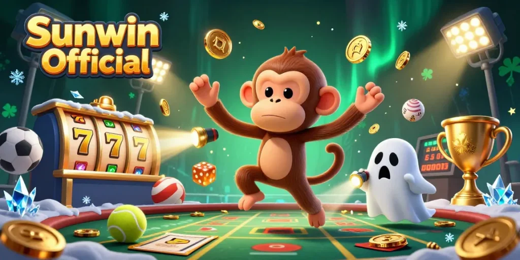 Experience the thrilling action at Sunwin Official with a playful ghost and puppy exploring a haunted casino.