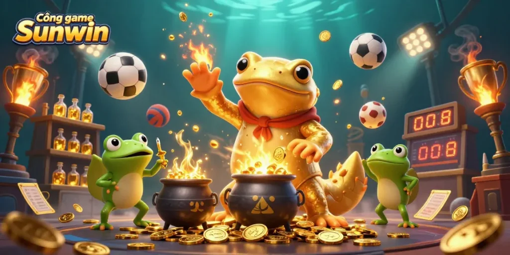Cổng game Sunwin showcases lively gaming elements with a golden salamander alchemist in a vibrant casino scene