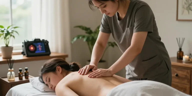 러시아안마를 받는 고객과 전문가 마사지를 제공하는 모습, 아늑한 공간에서 편안한 분위기 연출