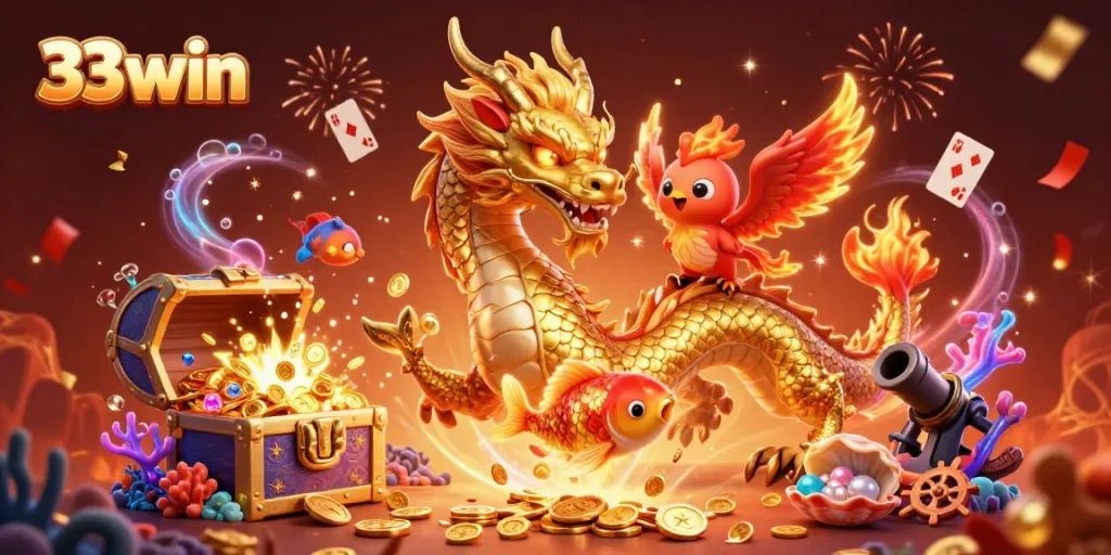Engage with the excitement of 33win through a dynamic casino scene featuring a golden dragon, phoenix, and koi fish.