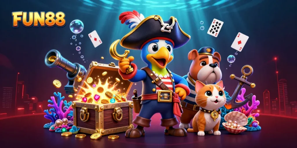Experience intense winning moments at FUN88 with vivid pirate-themed 3D casino action and treasures.