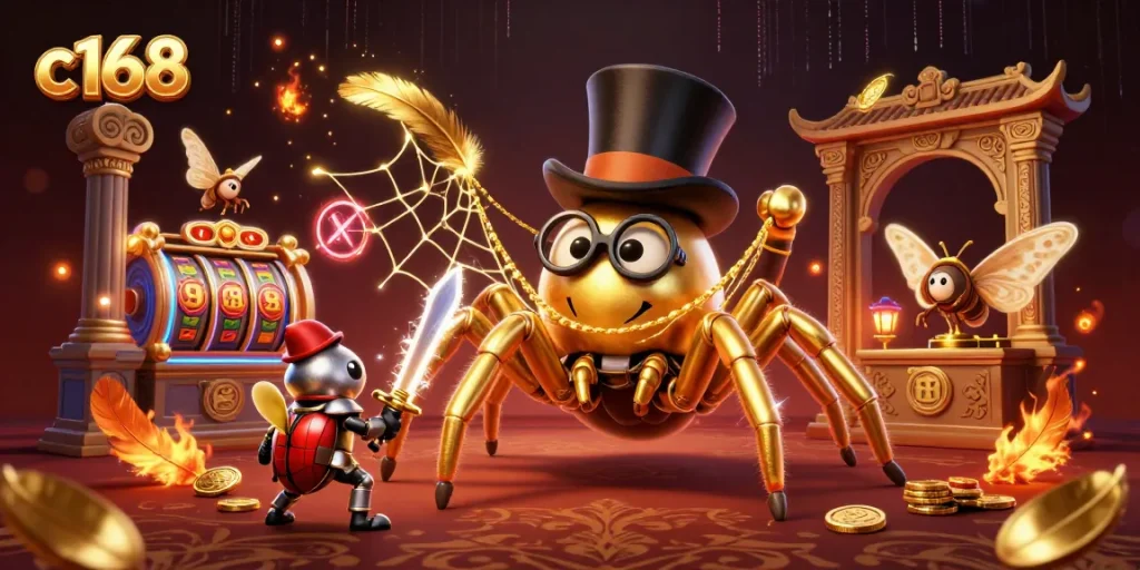 Experience thrilling gameplay at c 168 with a charming tarantula weaving dazzling casino elements.