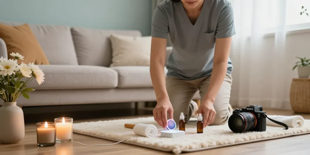 A professional providing 서울출장안마 in a calming home environment, showcasing a cozy living space with massage oils and soothing decor.