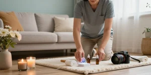 A professional providing 서울출장안마 in a calming home environment, showcasing a cozy living space with massage oils and soothing decor.
