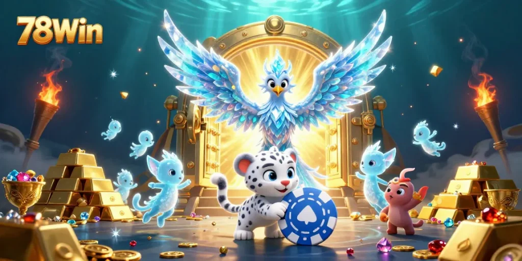 Engage with thrilling games at 78Win, featuring symbols of wealth and fun in a magical casino scene.
