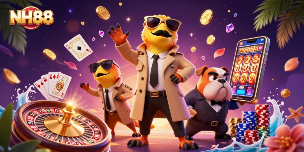 Experience the excitement of NH88 with raptors trying to enter a casino, surrounded by vibrant gaming elements.
