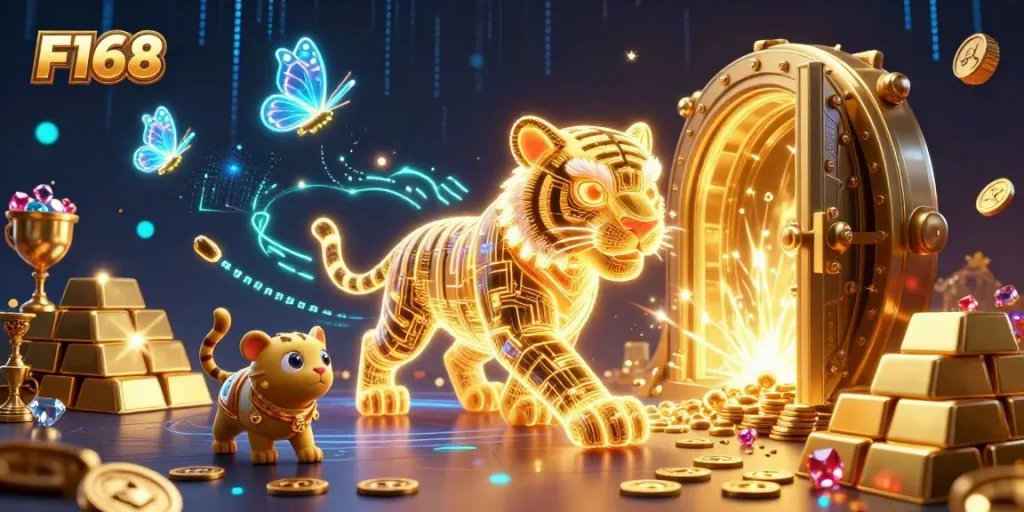 Experience excitement at F168's digital casino with the neon-wireframe tiger amidst treasures.