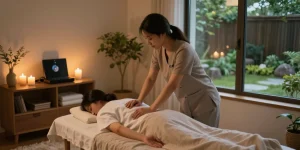 성남출장마사지 서비스 중인 전문가와 편안한 고객 모습, 아늑한 분위기에서의 마사지 환경