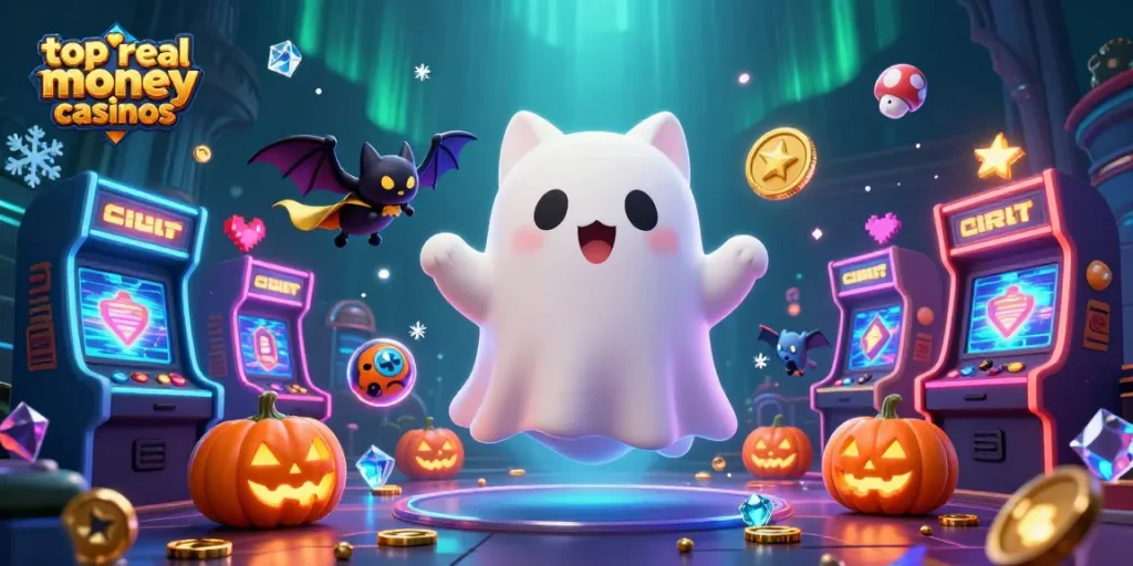 Experience top real money casinos with a festive ghost cat and vampire bat in a haunted casino.