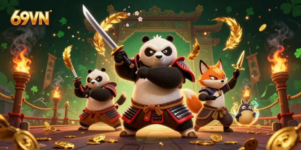 Engage in thrilling gameplay at 69VN with a vibrant 3D scene featuring samurai panda and ninja fox.