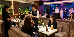 강남구구단 쩜오에서 고급 음료를 즐기는 손님들과 현대적인 인테리어가 어우러진 모습입니다.
