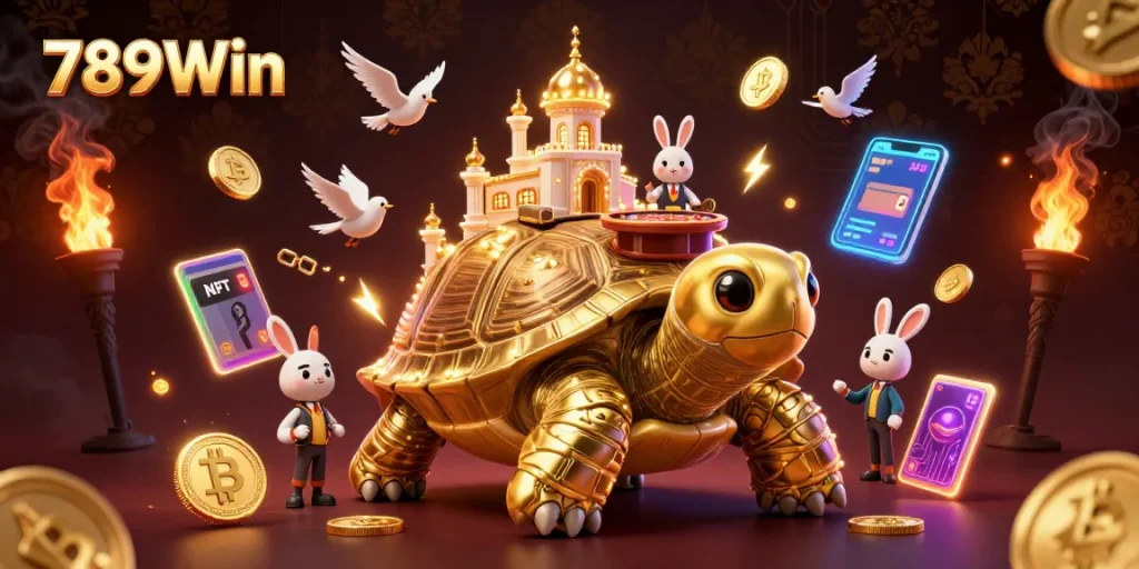 Experience the thrill of 789Win with a captivating casino scene featuring a golden tortoise and vibrant game elements.