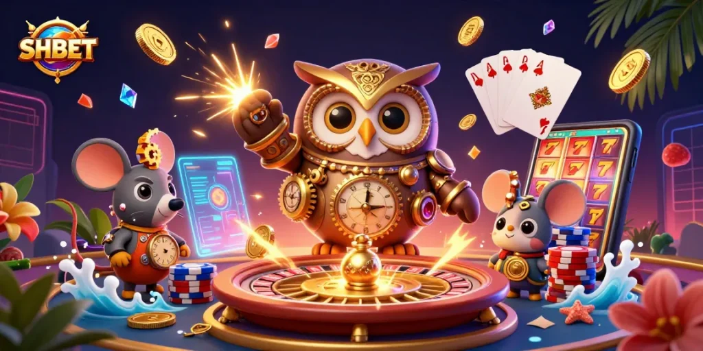 Engage in thrilling gaming at SHBET with colorful casino elements and dynamic characters.