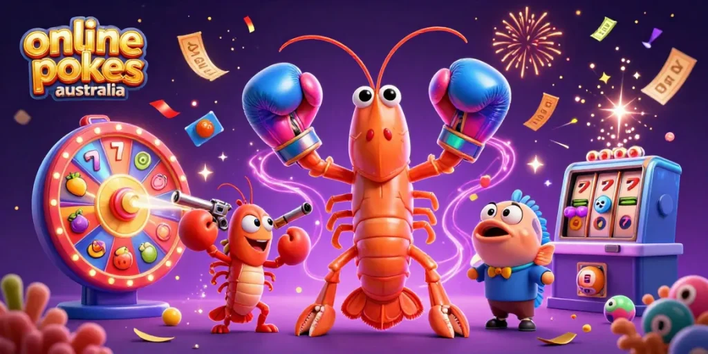 Spin vibrant reels of online pokies Australia featuring colorful characters and casino elements in an exciting illustration.